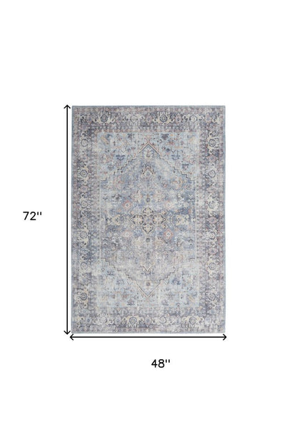 4' X 6' Light Grey And Blue Oriental Power Loom Distressed Washable Area Rug
