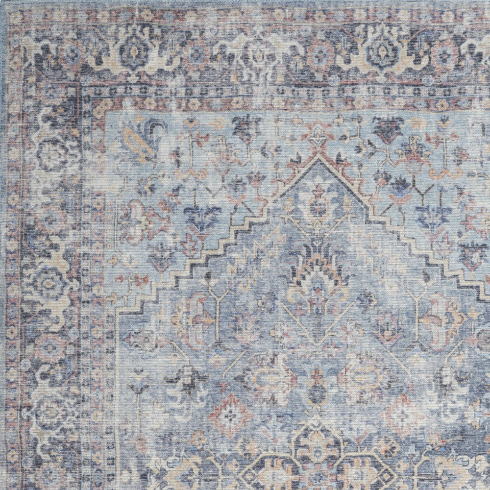 4' X 6' Light Grey And Blue Oriental Power Loom Distressed Washable Area Rug