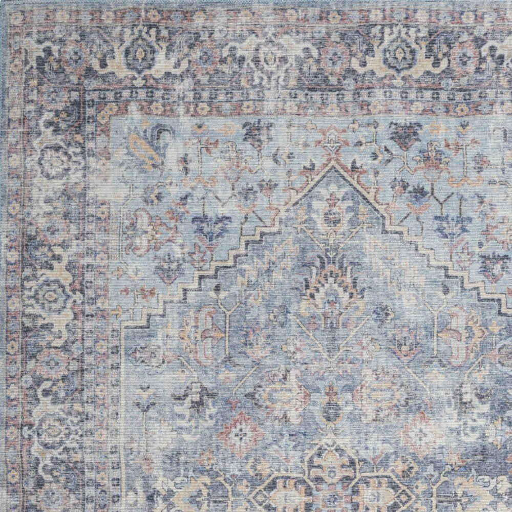 4' X 6' Light Grey And Blue Oriental Power Loom Distressed Washable Area Rug