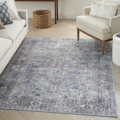4' X 6' Light Grey And Blue Oriental Power Loom Distressed Washable Area Rug