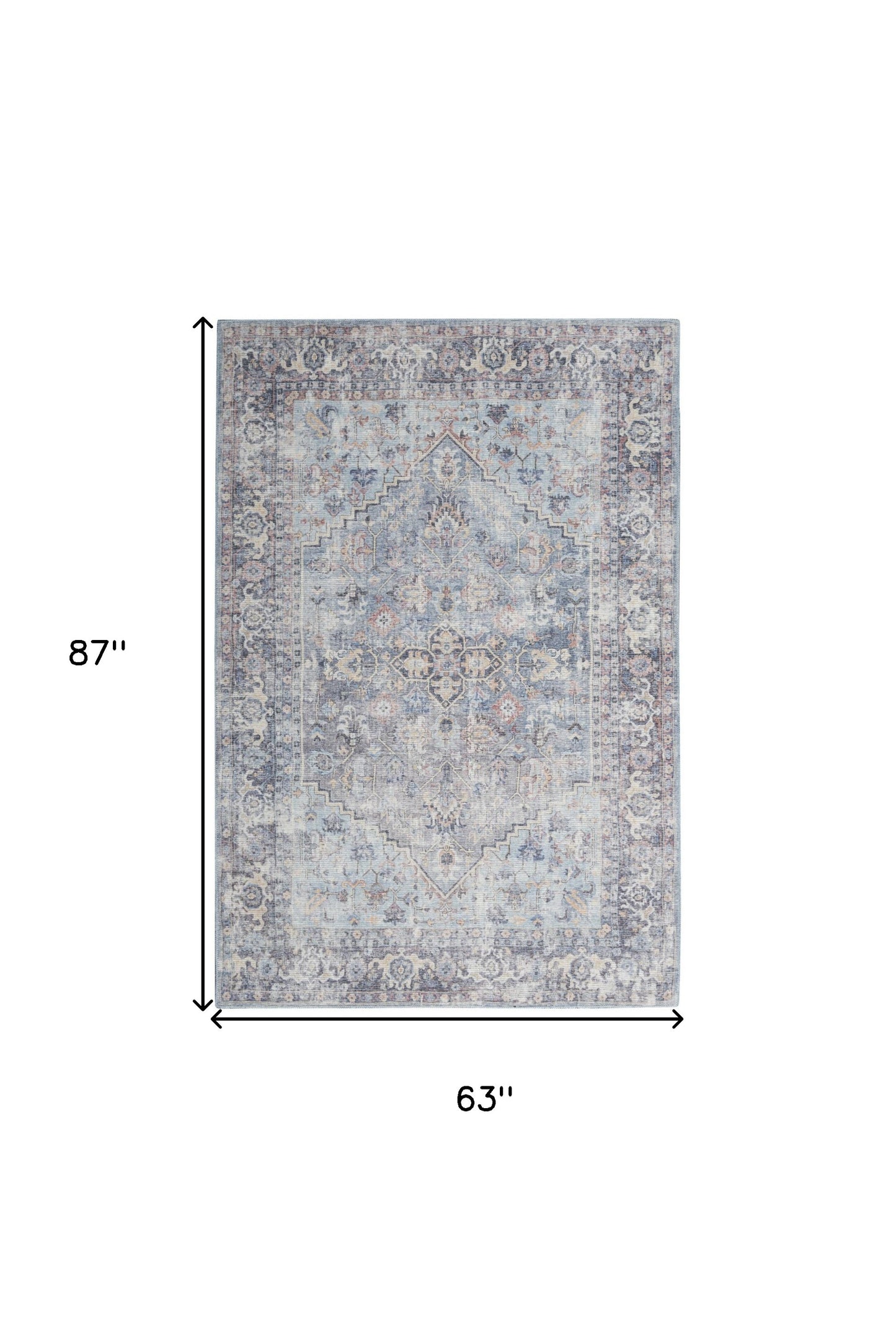 5' X 7' Light Grey And Blue Oriental Power Loom Distressed Washable Area Rug