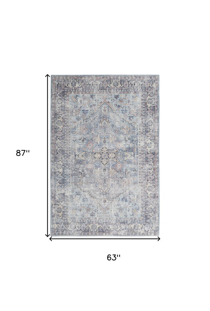 5' X 7' Light Grey And Blue Oriental Power Loom Distressed Washable Area Rug
