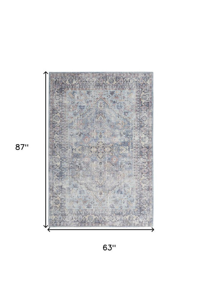 5' X 7' Light Grey And Blue Oriental Power Loom Distressed Washable Area Rug