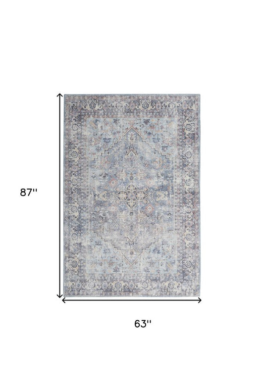 5' X 7' Light Grey And Blue Oriental Power Loom Distressed Washable Area Rug