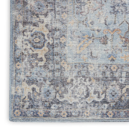 5' X 7' Light Grey And Blue Oriental Power Loom Distressed Washable Area Rug