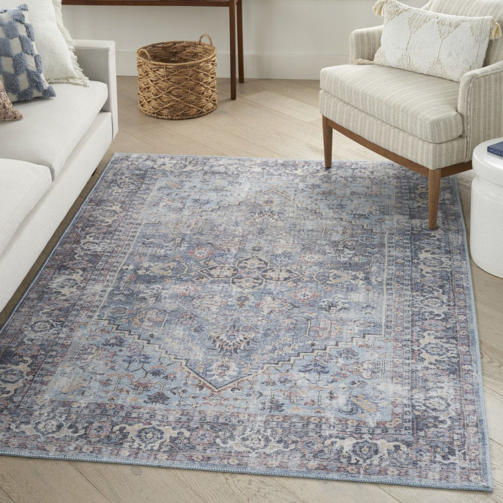 5' X 7' Light Grey And Blue Oriental Power Loom Distressed Washable Area Rug
