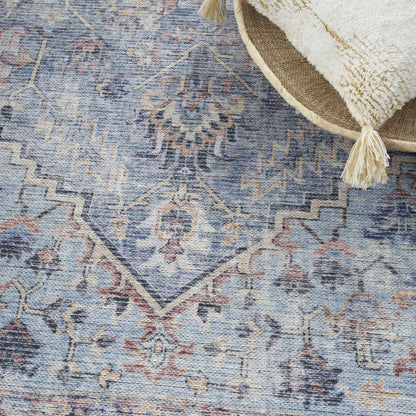 5' X 7' Light Grey And Blue Oriental Power Loom Distressed Washable Area Rug