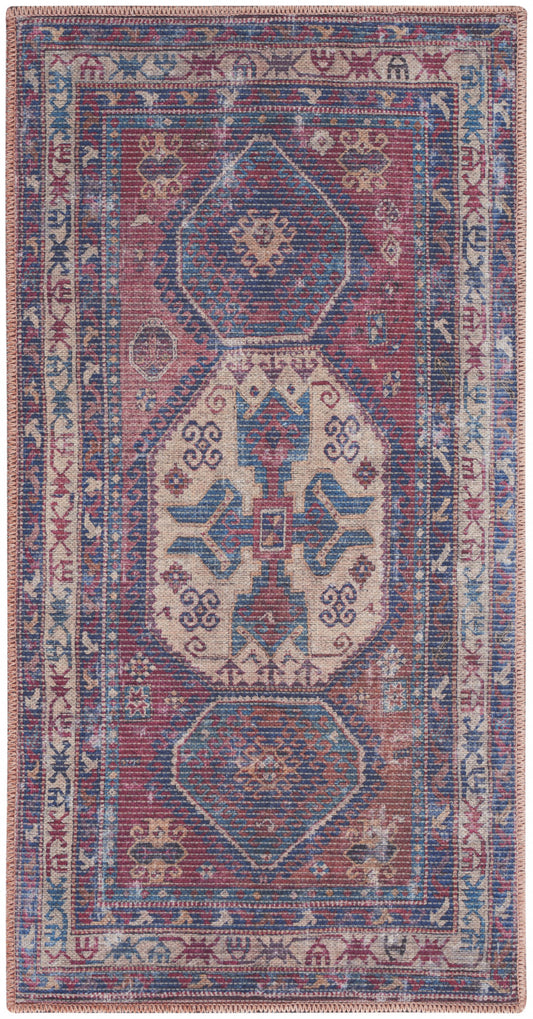 2' X 4' Red And Navy Oriental Power Loom Distressed Washable Area Rug