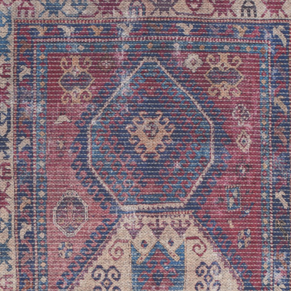 2' X 4' Red And Navy Oriental Power Loom Distressed Washable Area Rug