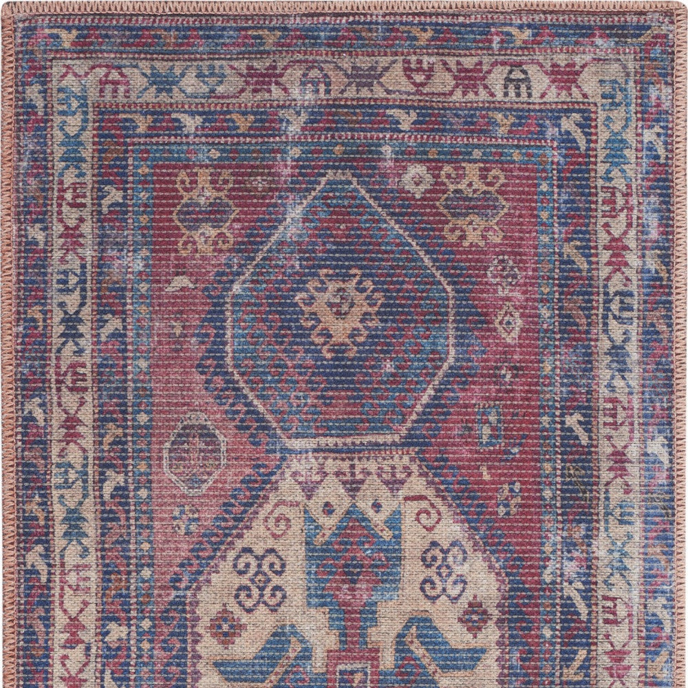 2' X 4' Red And Navy Oriental Power Loom Distressed Washable Area Rug