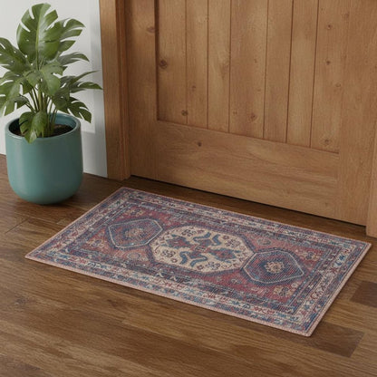 2' X 4' Red And Navy Oriental Power Loom Distressed Washable Area Rug