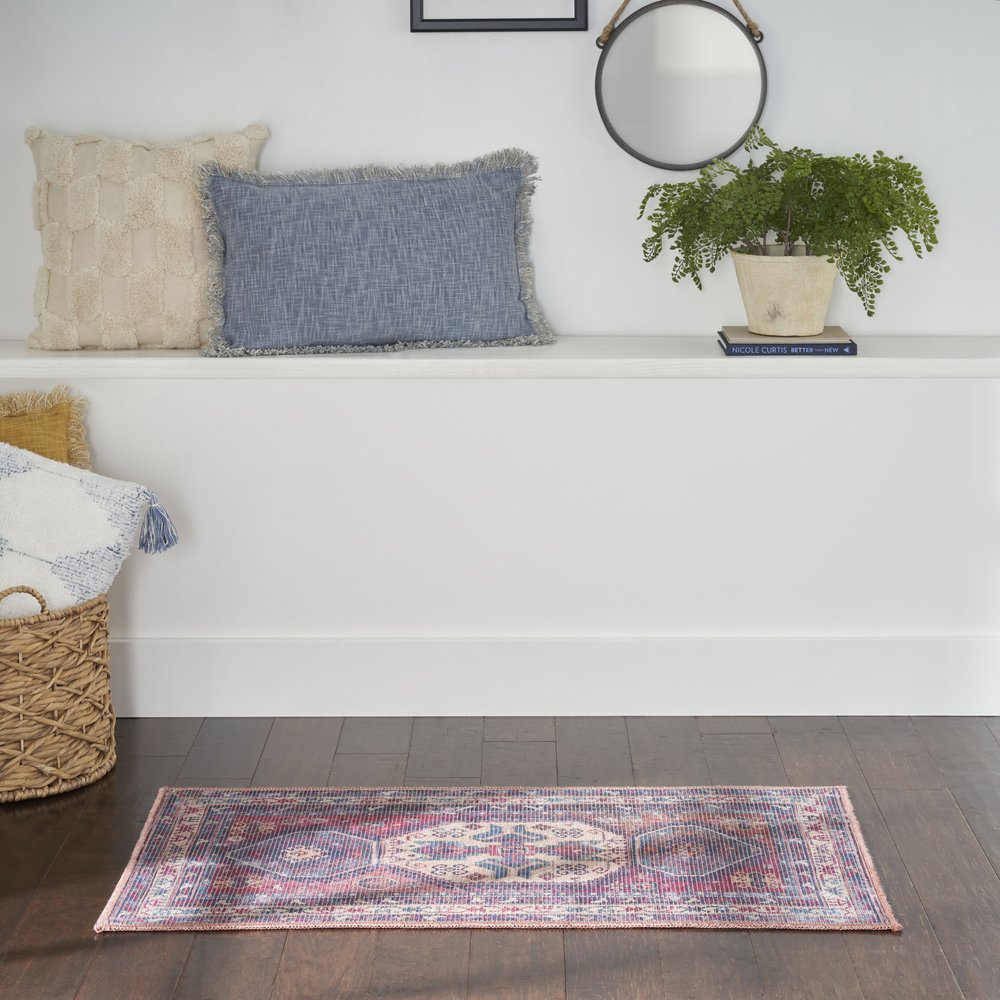 2' X 4' Red And Navy Oriental Power Loom Distressed Washable Area Rug