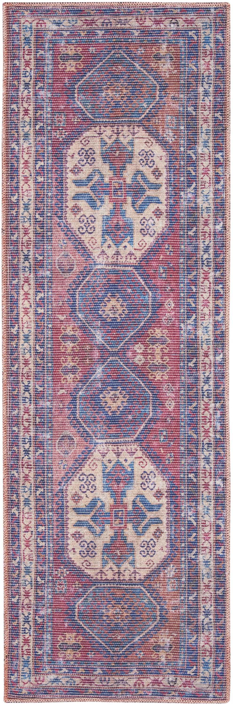 2' X 6' Red And Navy Oriental Power Loom Distressed Washable Runner Rug