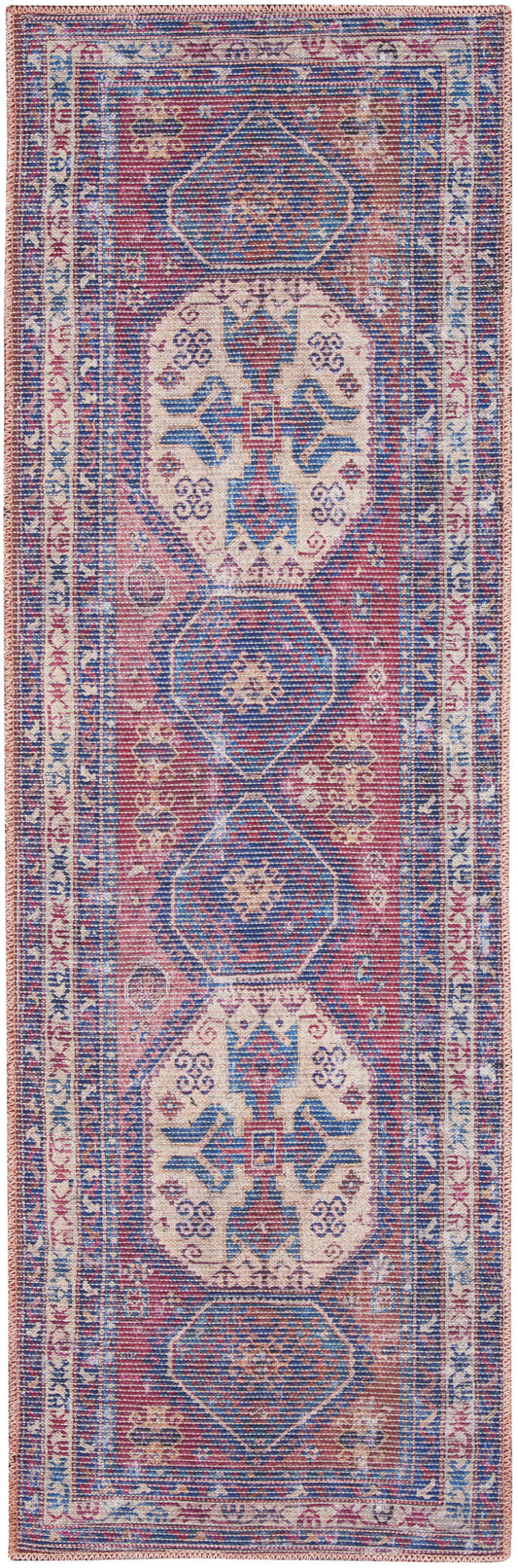 2' X 6' Red And Navy Oriental Power Loom Distressed Washable Runner Rug
