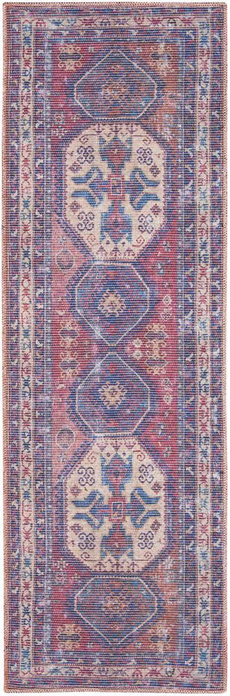 2' X 6' Red And Navy Oriental Power Loom Distressed Washable Runner Rug