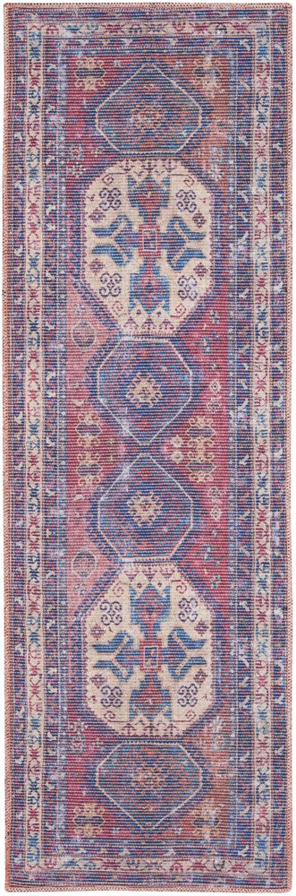 2' X 6' Red And Navy Oriental Power Loom Distressed Washable Runner Rug