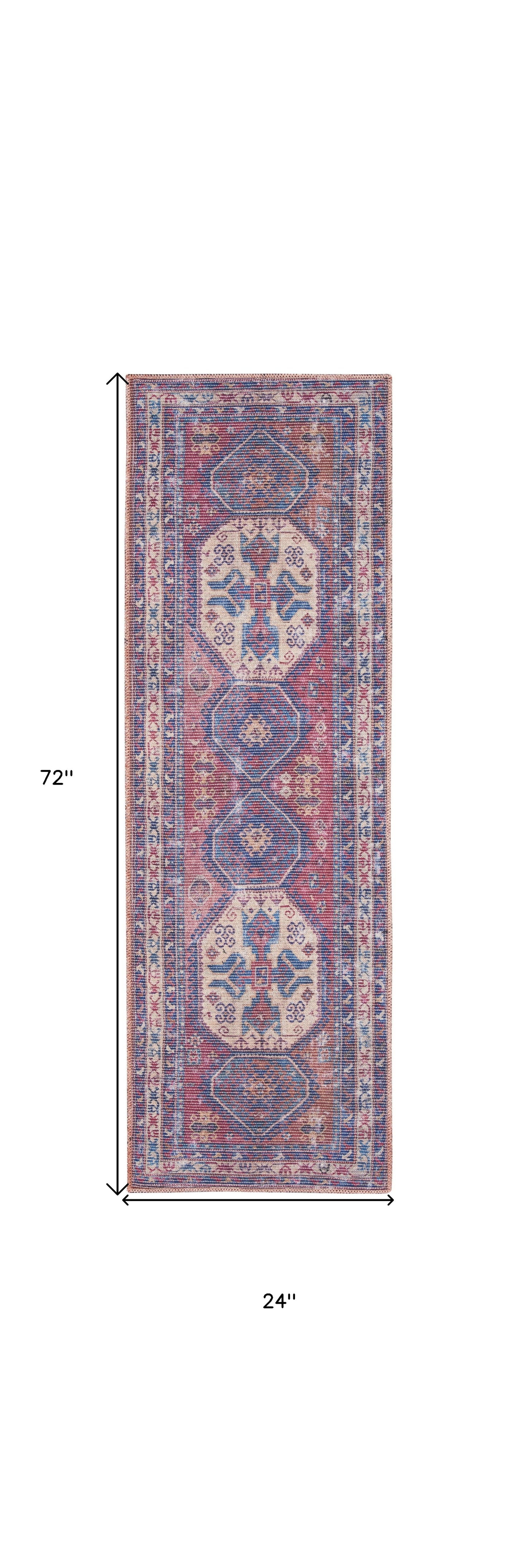 2' X 6' Red And Navy Oriental Power Loom Distressed Washable Runner Rug