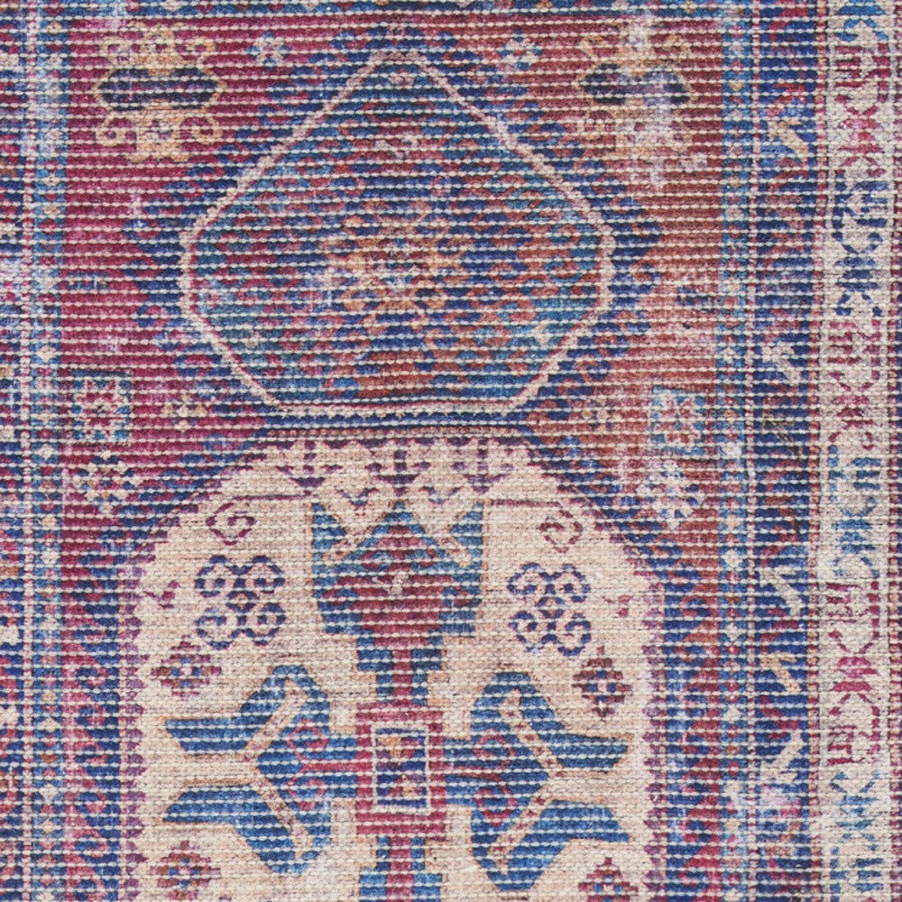 2' X 6' Red And Navy Oriental Power Loom Distressed Washable Runner Rug