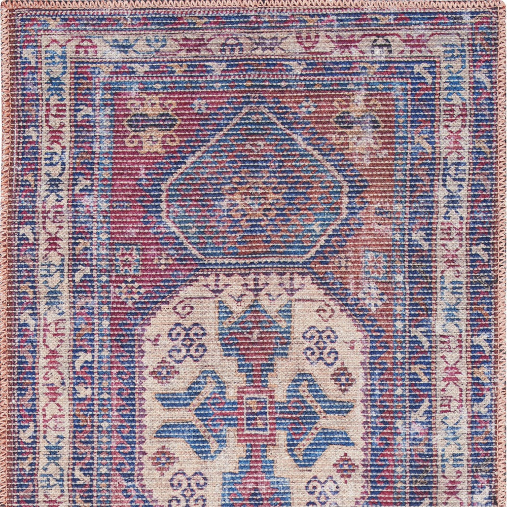 2' X 6' Red And Navy Oriental Power Loom Distressed Washable Runner Rug