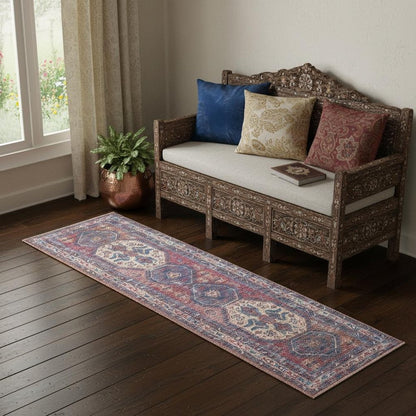 2' X 6' Red And Navy Oriental Power Loom Distressed Washable Runner Rug
