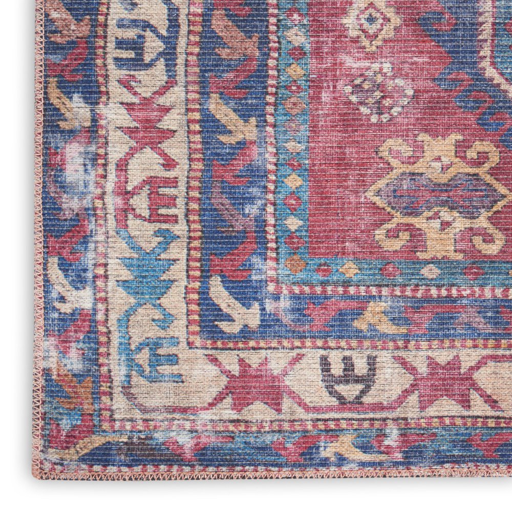 2' X 6' Red And Navy Oriental Power Loom Distressed Washable Runner Rug