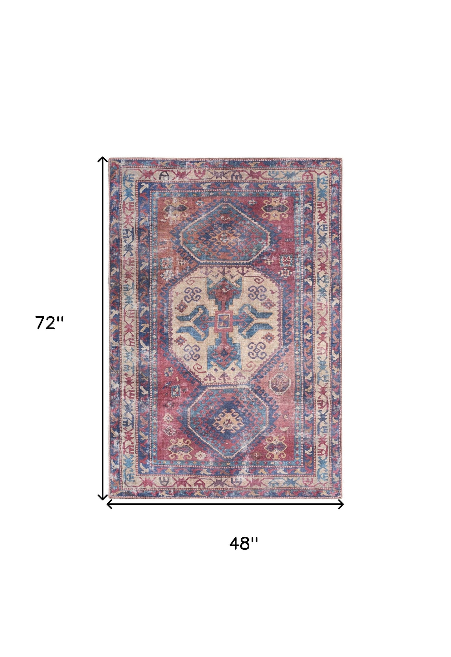 4' X 6' Red And Navy Oriental Power Loom Distressed Washable Area Rug