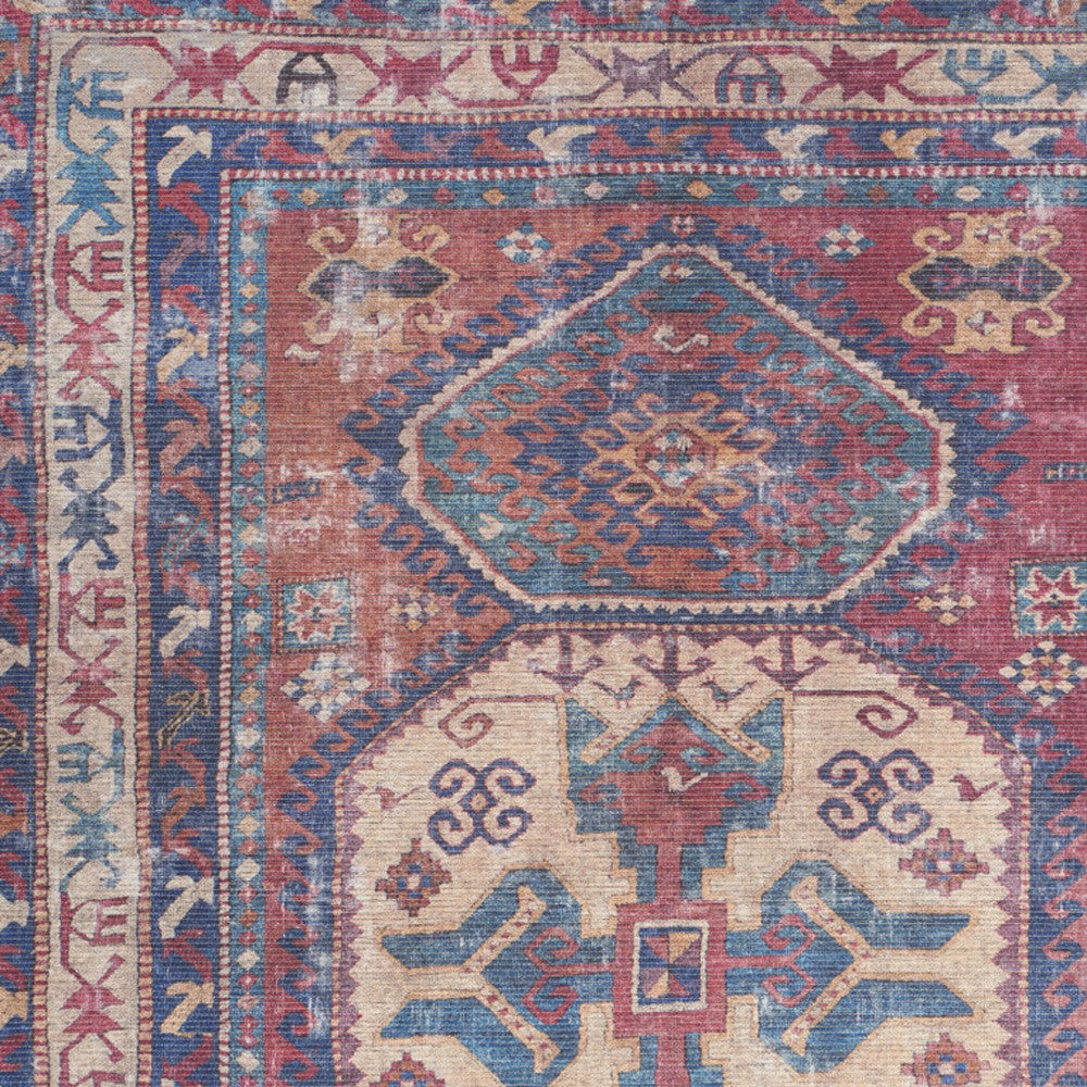 4' X 6' Red And Navy Oriental Power Loom Distressed Washable Area Rug