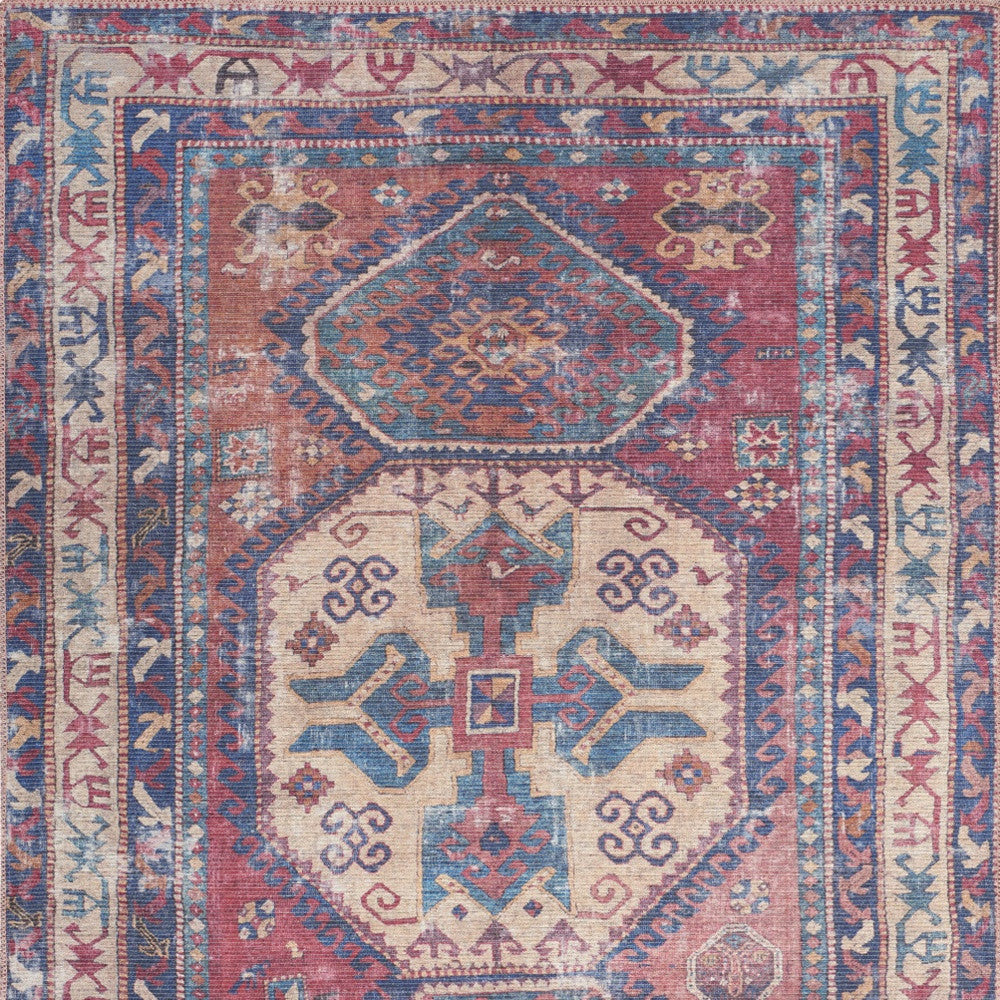 4' X 6' Red And Navy Oriental Power Loom Distressed Washable Area Rug