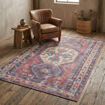 5' X 7' Red And Navy Southwestern Power Loom Distressed Washable Area Rug