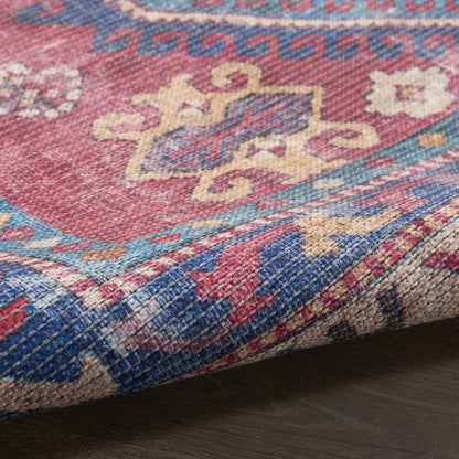 5' X 7' Red And Navy Southwestern Power Loom Distressed Washable Area Rug