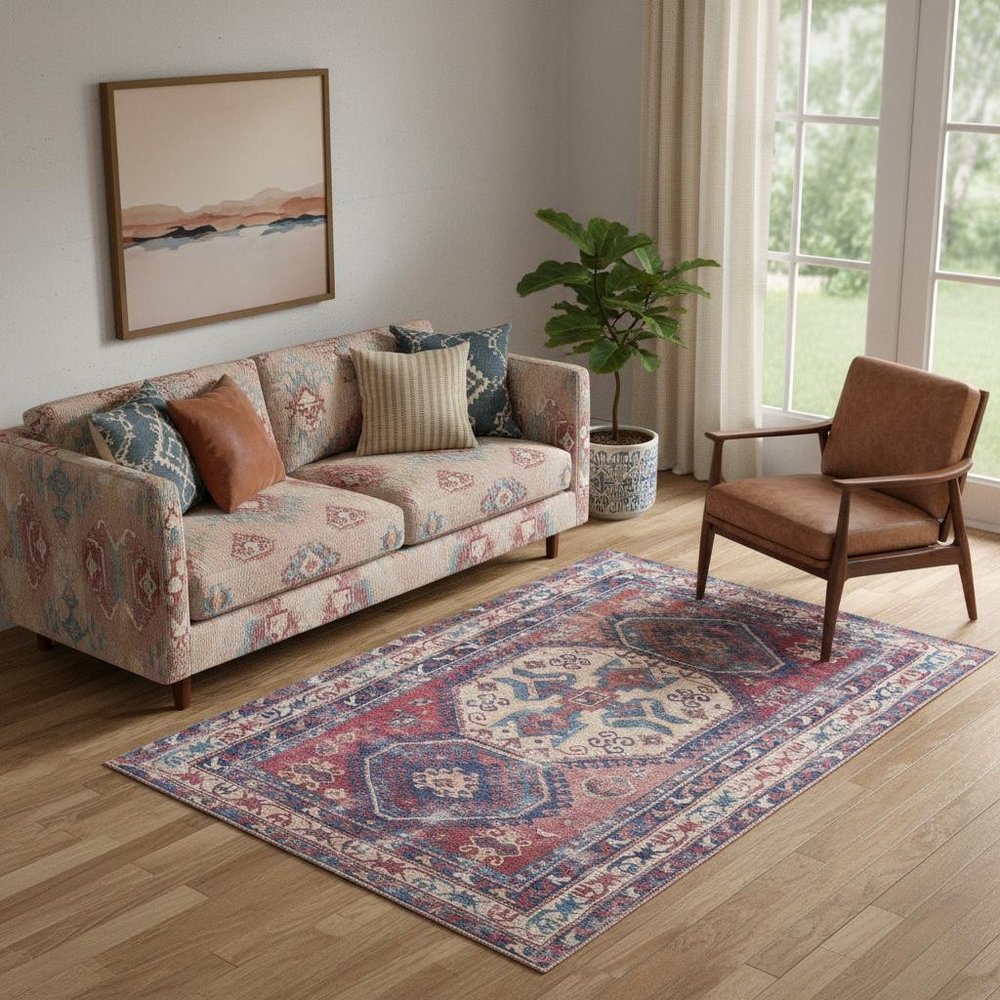 5' X 7' Red And Navy Southwestern Power Loom Distressed Washable Area Rug