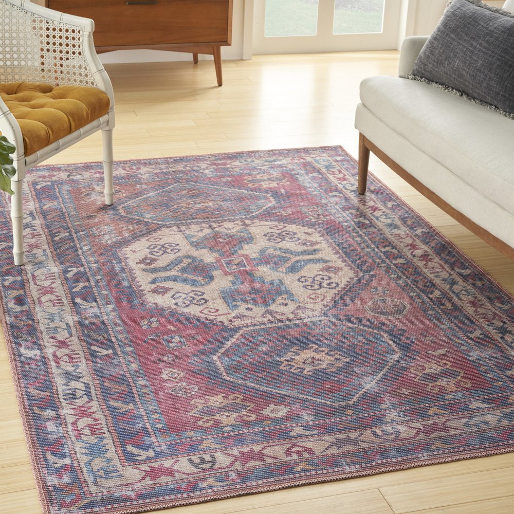 5' X 7' Red And Navy Southwestern Power Loom Distressed Washable Area Rug