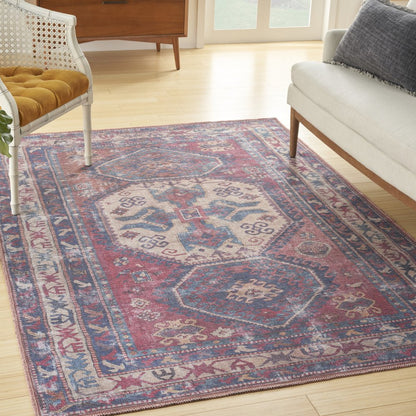 5' X 7' Red And Navy Southwestern Power Loom Distressed Washable Area Rug