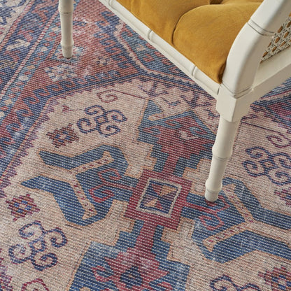 5' X 7' Red And Navy Southwestern Power Loom Distressed Washable Area Rug