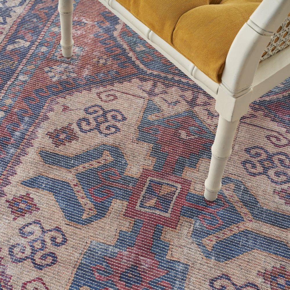 5' X 7' Red And Navy Southwestern Power Loom Distressed Washable Area Rug