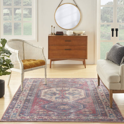 5' X 7' Red And Navy Southwestern Power Loom Distressed Washable Area Rug