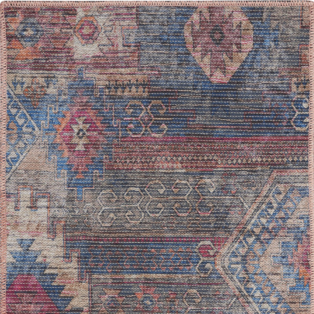 2' X 4' Red And Blue Southwestern Power Loom Distressed Washable Area Rug