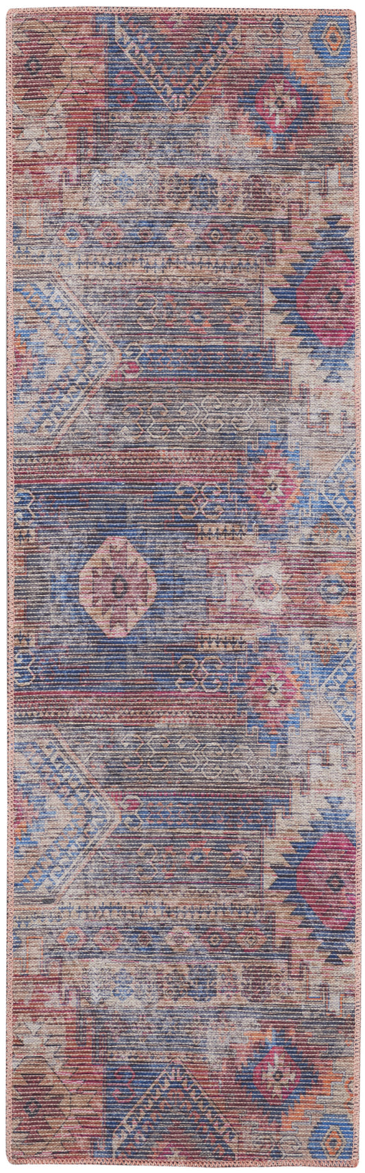 2' X 6' Red And Blue Southwestern Power Loom Distressed Washable Runner Rug