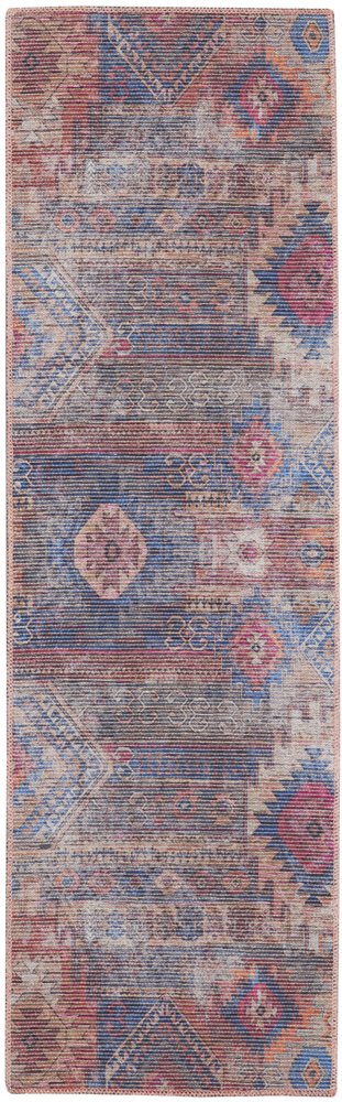 2' X 6' Red And Blue Southwestern Power Loom Distressed Washable Runner Rug
