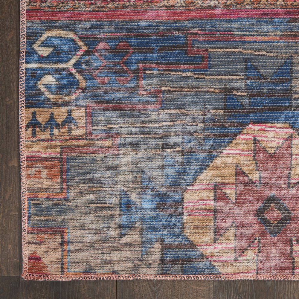 2' X 6' Red And Blue Southwestern Power Loom Distressed Washable Runner Rug