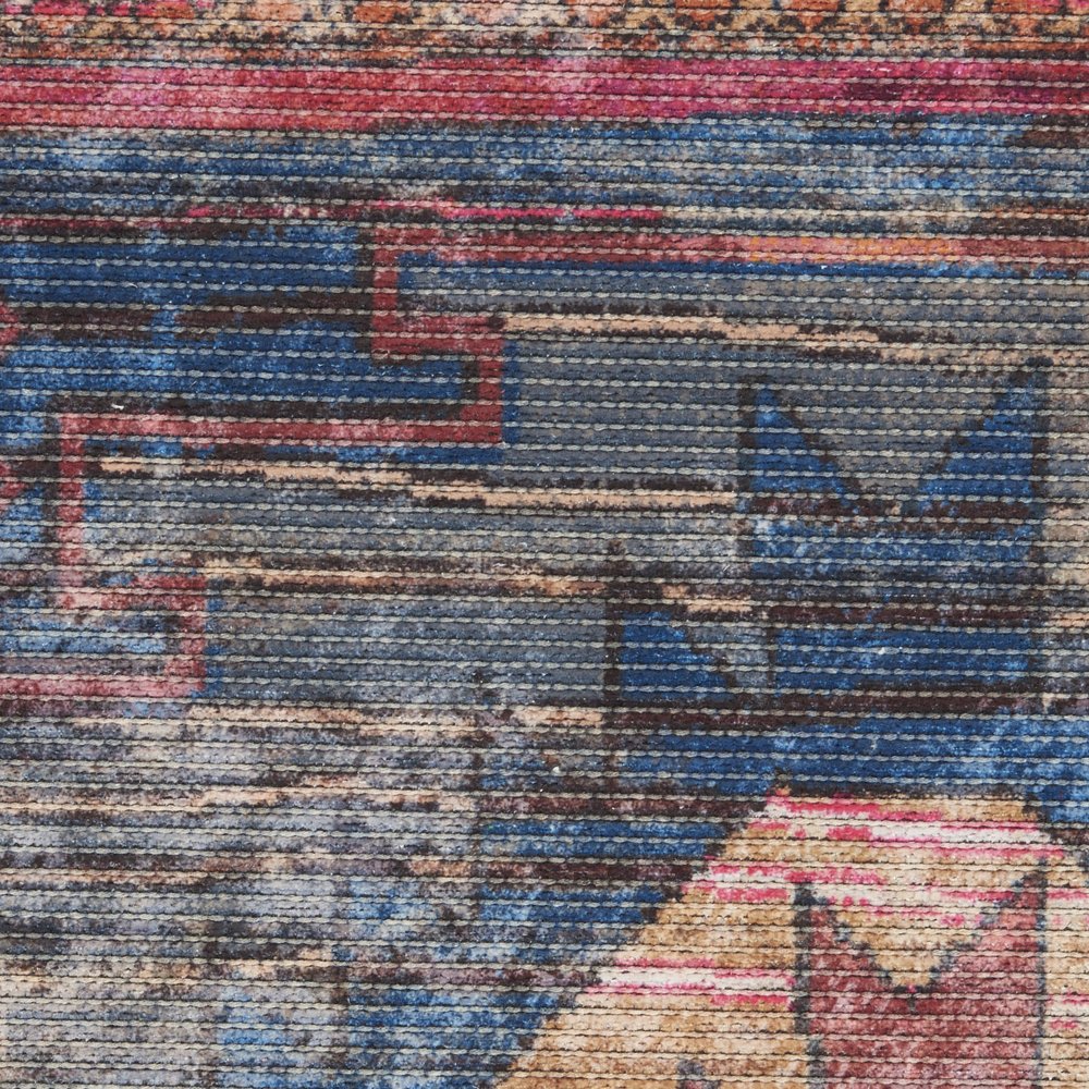 2' X 6' Red And Blue Southwestern Power Loom Distressed Washable Runner Rug