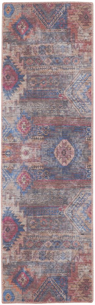 2' X 6' Red And Blue Southwestern Power Loom Distressed Washable Runner Rug