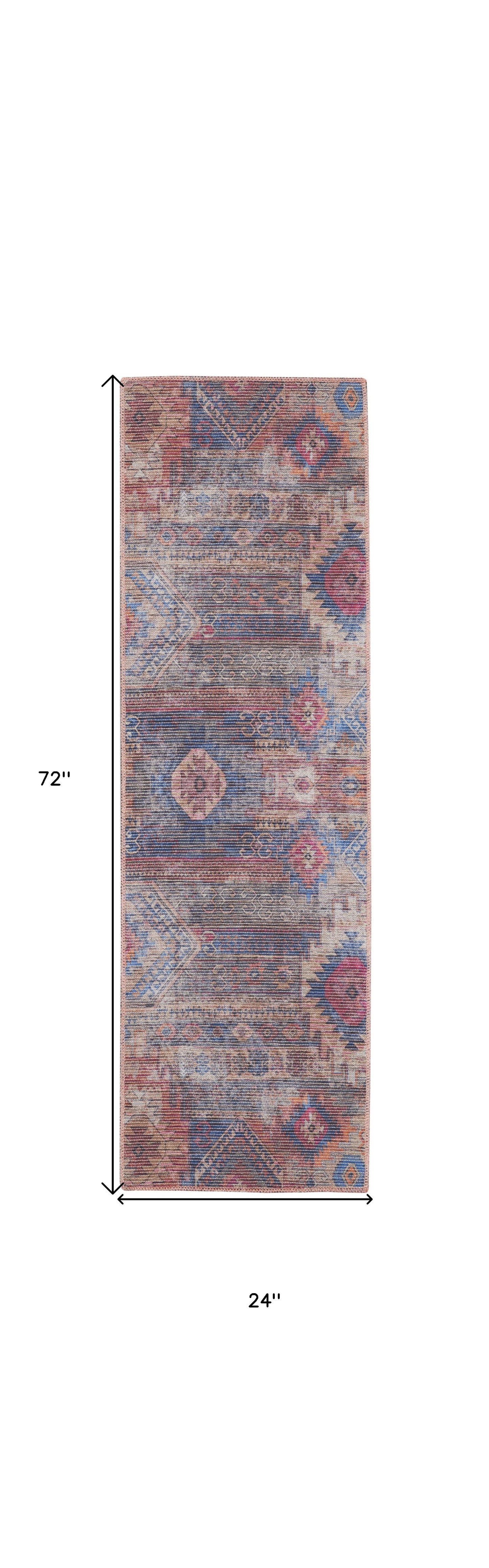 2' X 6' Red And Blue Southwestern Power Loom Distressed Washable Runner Rug