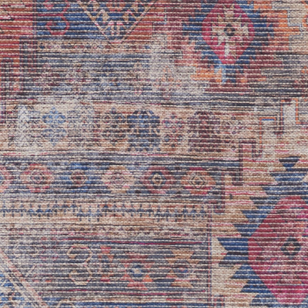 2' X 6' Red And Blue Southwestern Power Loom Distressed Washable Runner Rug