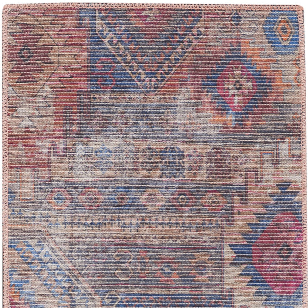 2' X 6' Red And Blue Southwestern Power Loom Distressed Washable Runner Rug