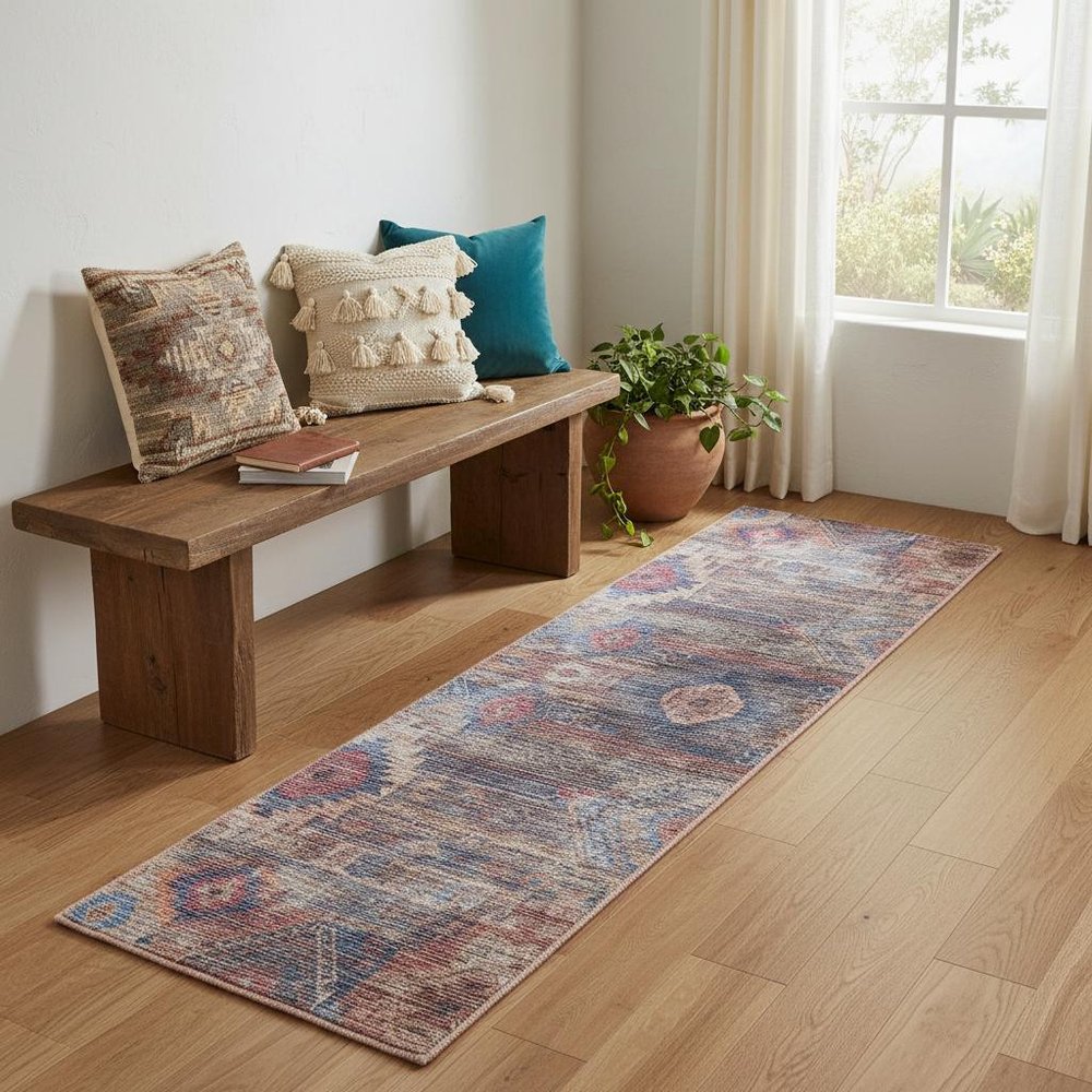 2' X 6' Red And Blue Southwestern Power Loom Distressed Washable Runner Rug