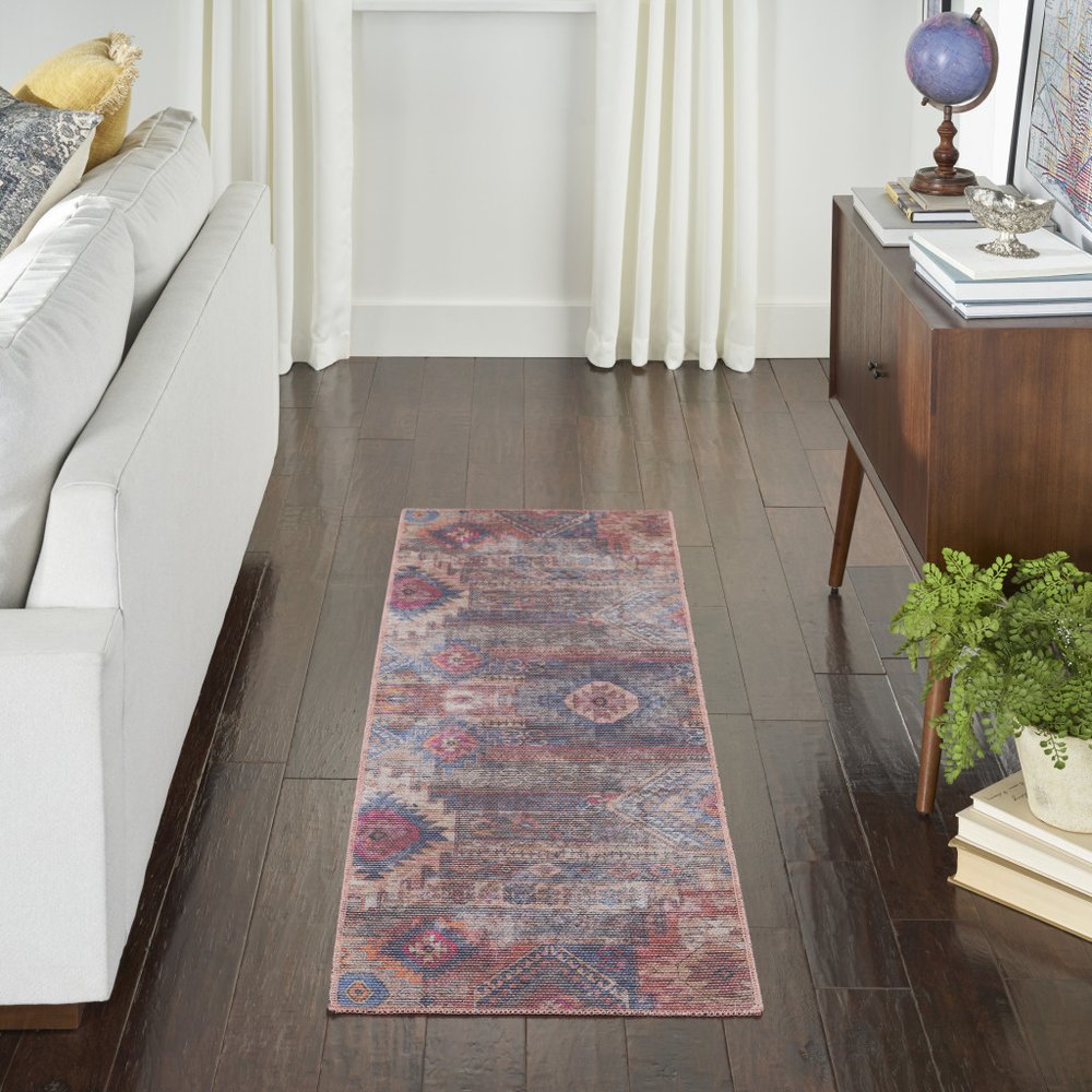 2' X 6' Red And Blue Southwestern Power Loom Distressed Washable Runner Rug