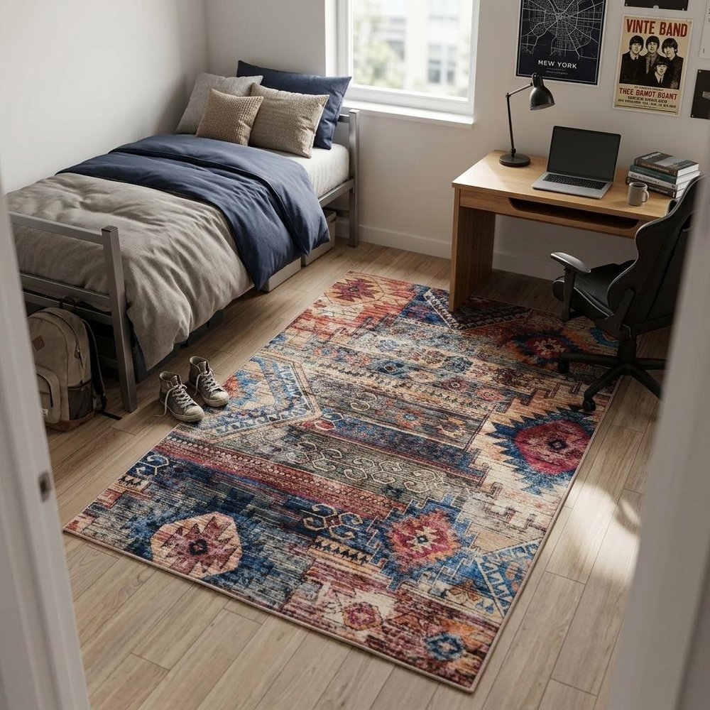 4' X 6' Multicolor Southwestern Power Loom Distressed Washable Area Rug