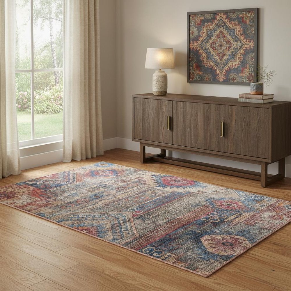 4' X 6' Multicolor Southwestern Power Loom Distressed Washable Area Rug
