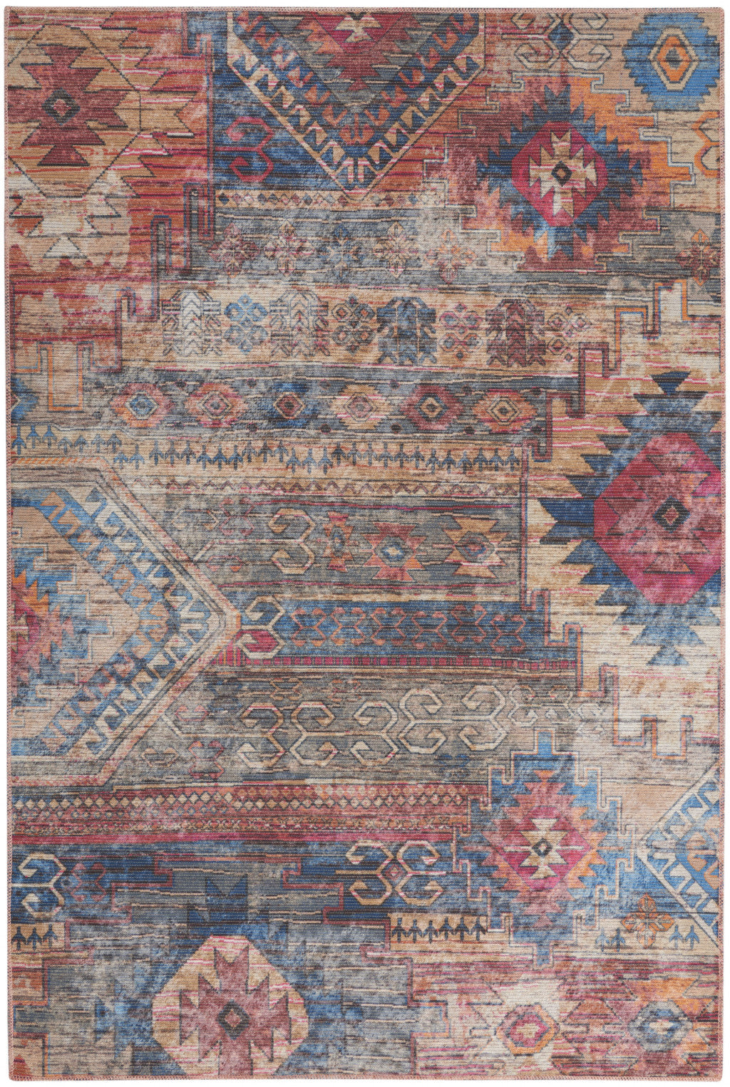 5' X 7' Multicolor Southwestern Power Loom Distressed Washable Area Rug